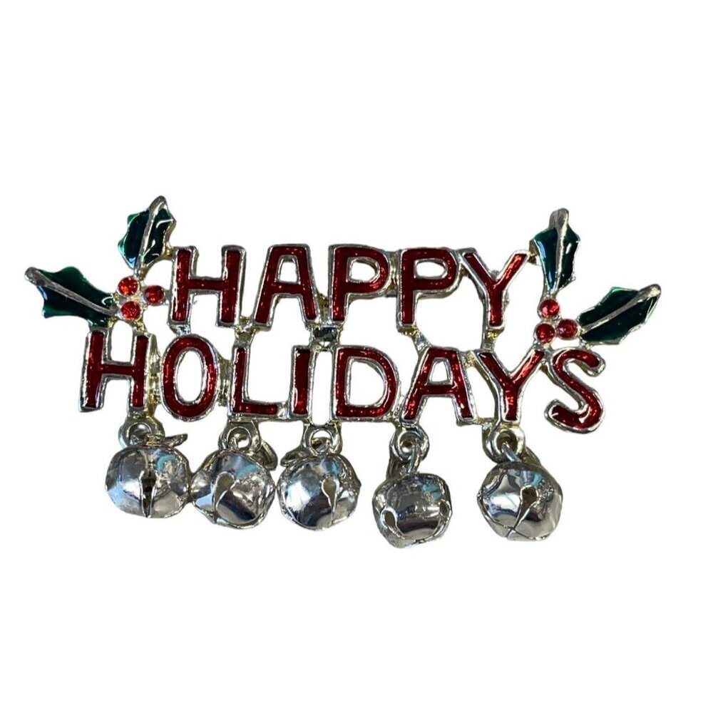 Vintage "Happy Holidays" Enamel‎ Brooch With Jingle Bells & Holly Accents